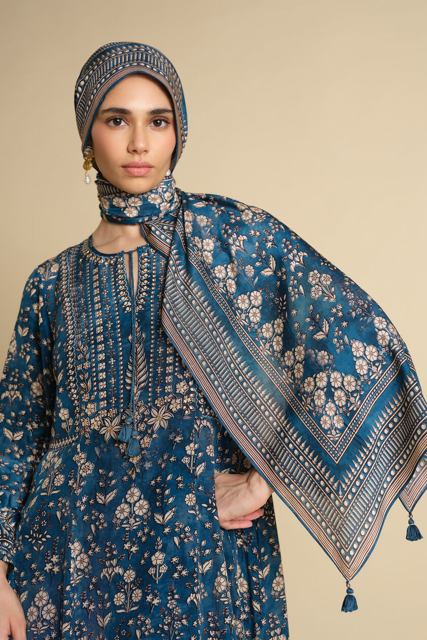 Niral Printed Silk Stole - Blue, Blue, image 1
